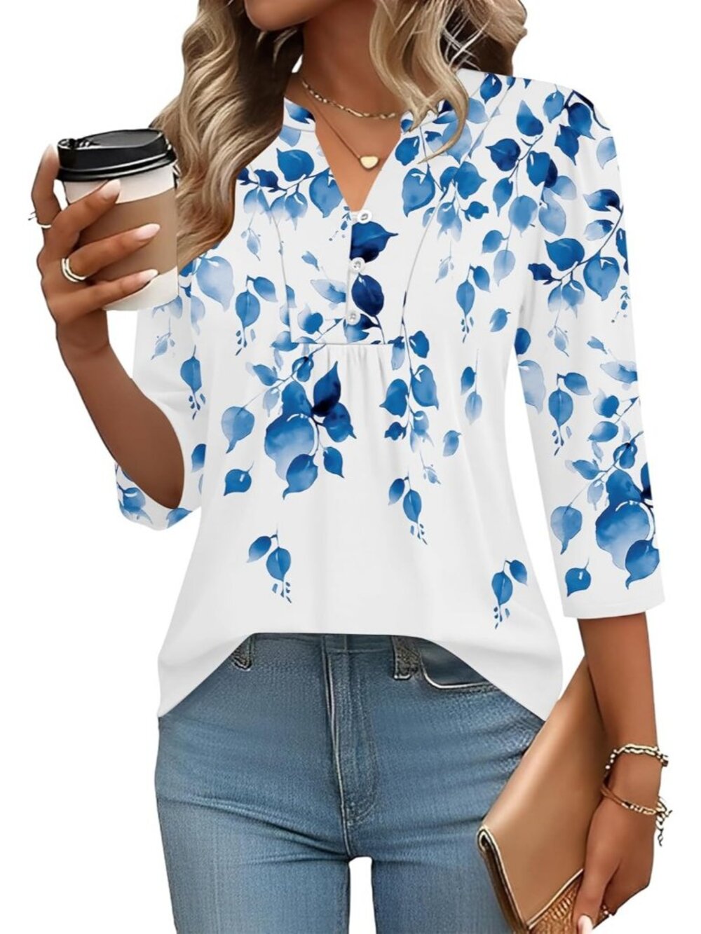 Women's White Leaves Long Sleeve Casual Henley V-Neck Floral T-Shirts Loose Fit